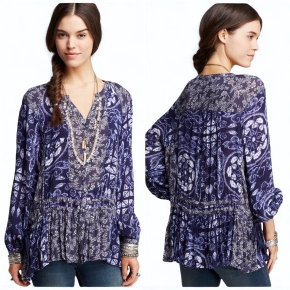 Free People Peplum Blouse Womens M Blue Mixed Paisley Print Boho Festival Tunic